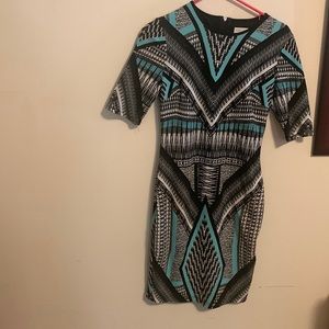 Bisou Bisou black white and teal printed dress